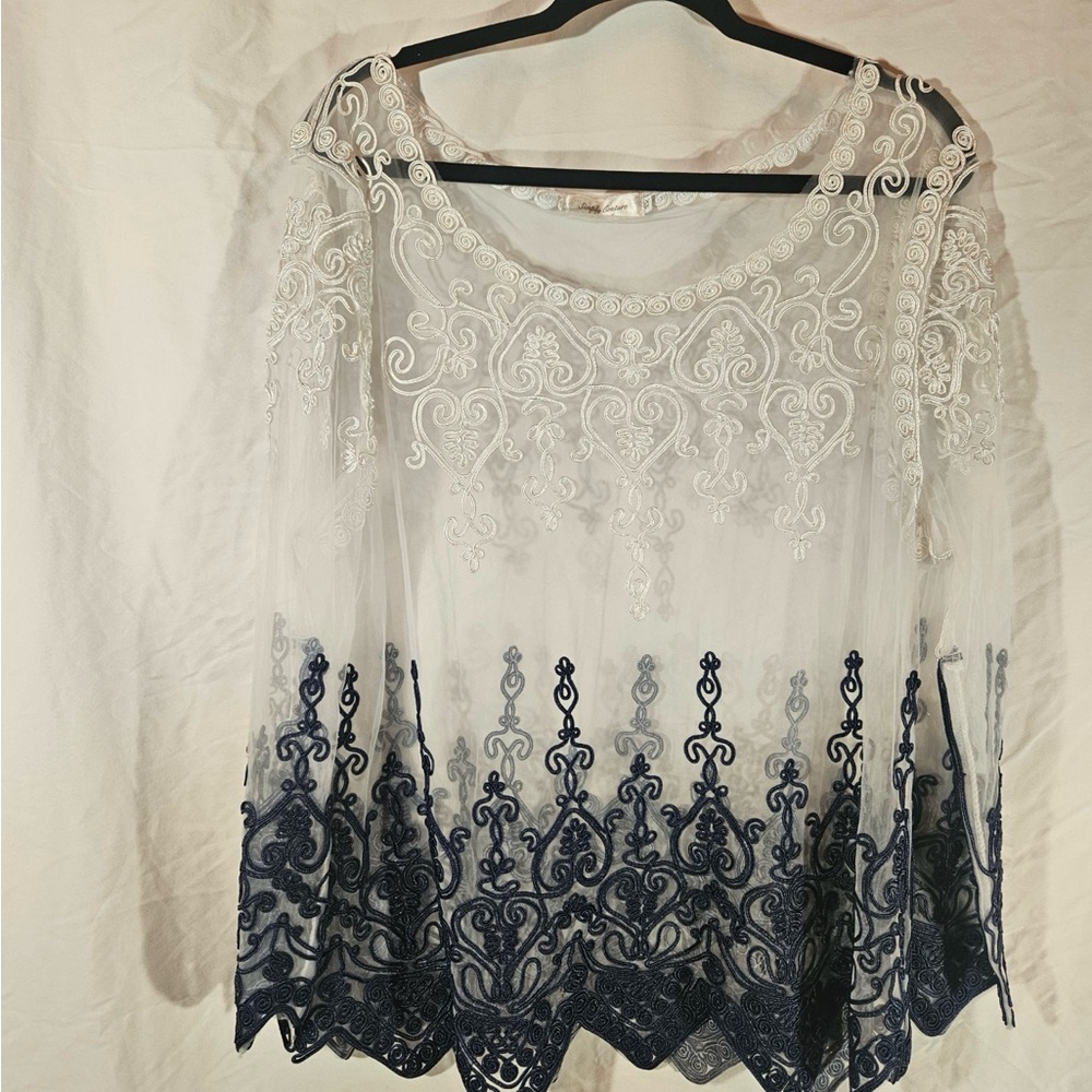 Simply Couture White Sheer Embroidered Top with Navy Ombre Lace
